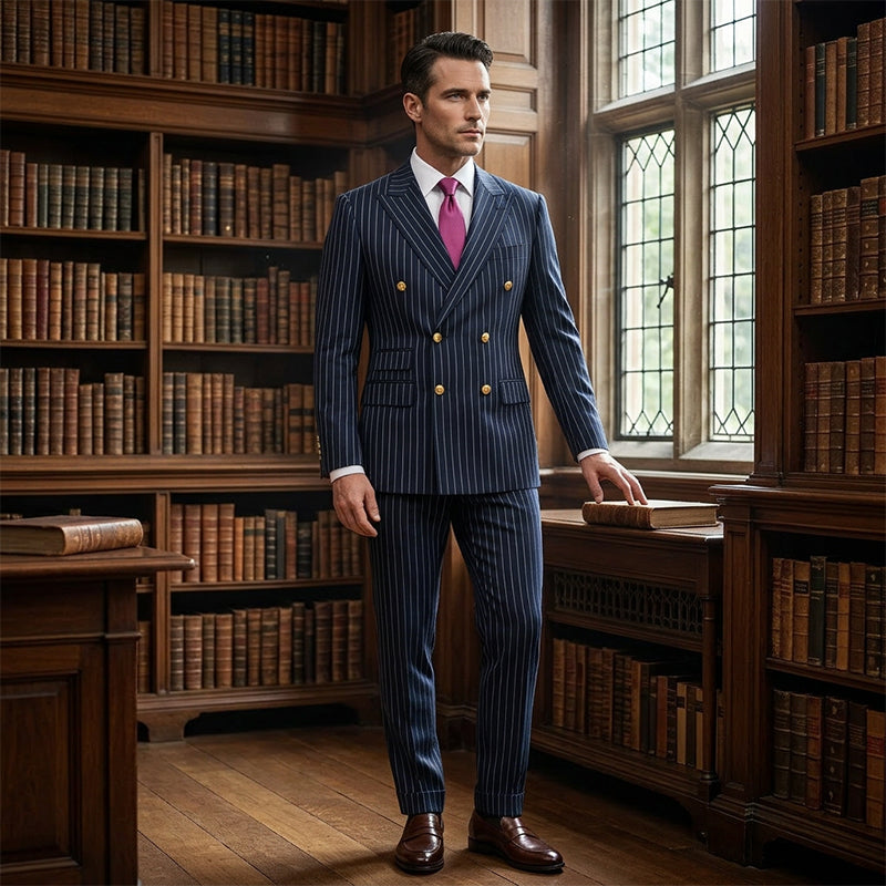 Men's double-breasted pinstripe suit set by Arenzza featuring a tailored blazer and matching trousers, suitable for formal occasions.