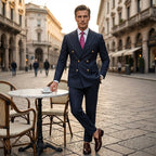 Men's Arenzza double-breasted pinstripe suit set, tailored clothing with a classic striped pattern, detailed jacket and matching trousers.