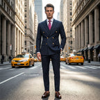 Men's double-breasted pinstripe suit set by Arenzza, tailored fit with matching trousers and jacket, ideal for formal occasions.
