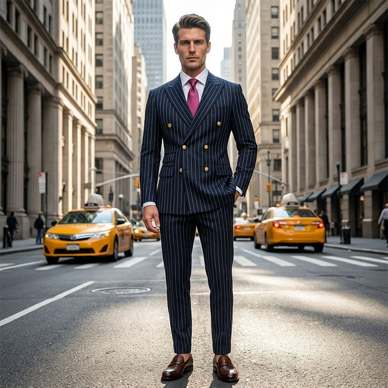 Men's double-breasted pinstripe suit set by Arenzza, tailored fit with matching trousers and jacket, ideal for formal occasions.