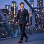 Men's Arenzza double-breasted pinstripe suit set, tailored jacket and matching trousers, classic formal menswear ensemble.
