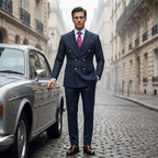 A men's double-breasted pinstripe suit set by Arenzza, featuring a tailored jacket and matching trousers in a classic pinstripe pattern.