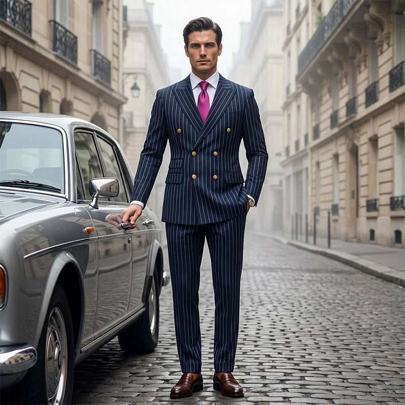 A men's double-breasted pinstripe suit set by Arenzza, featuring a tailored jacket and matching trousers in a classic pinstripe pattern.