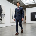 Men's Arenzza double-breasted pinstripe suit set, tailored jacket and matching trousers, formal clothing for men.