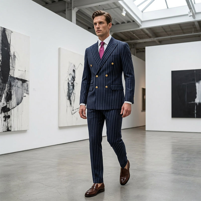 Men's Arenzza double-breasted pinstripe suit set, tailored jacket and matching trousers, formal clothing for men.