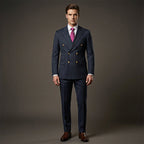 A men's Arenzza double-breasted pinstripe suit set with a fitted jacket and matching trousers on a hanger.