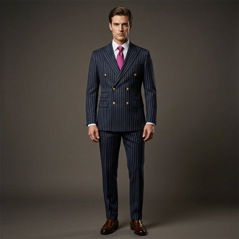 A men's Arenzza double-breasted pinstripe suit set with a fitted jacket and matching trousers on a hanger.