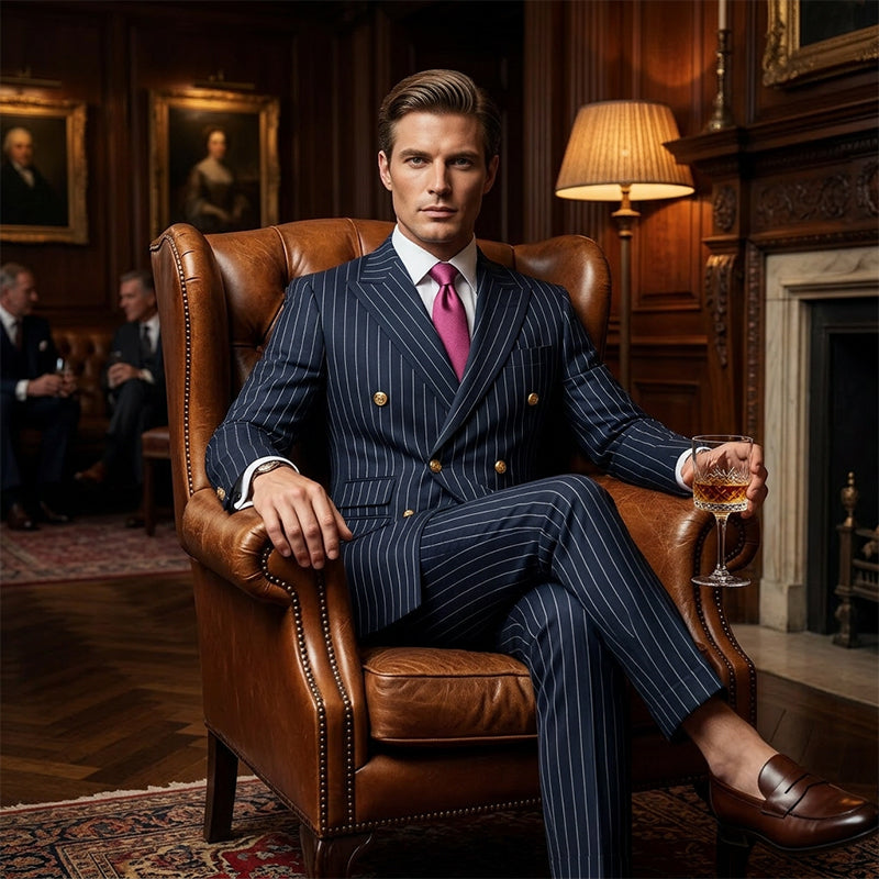 Men's Arenzza double-breasted pinstripe suit set featuring a tailored jacket and matching trousers, perfect for formal occasions.