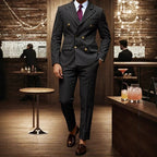 Men's Arenzza double-breasted pinstripe suit set, tailored jacket and matching trousers, formal clothing for men.