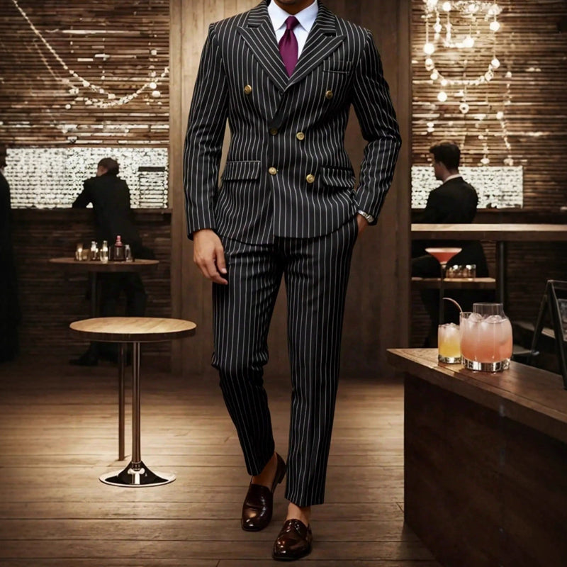 Men's Arenzza double-breasted pinstripe suit set, tailored jacket and matching trousers, formal clothing for men.