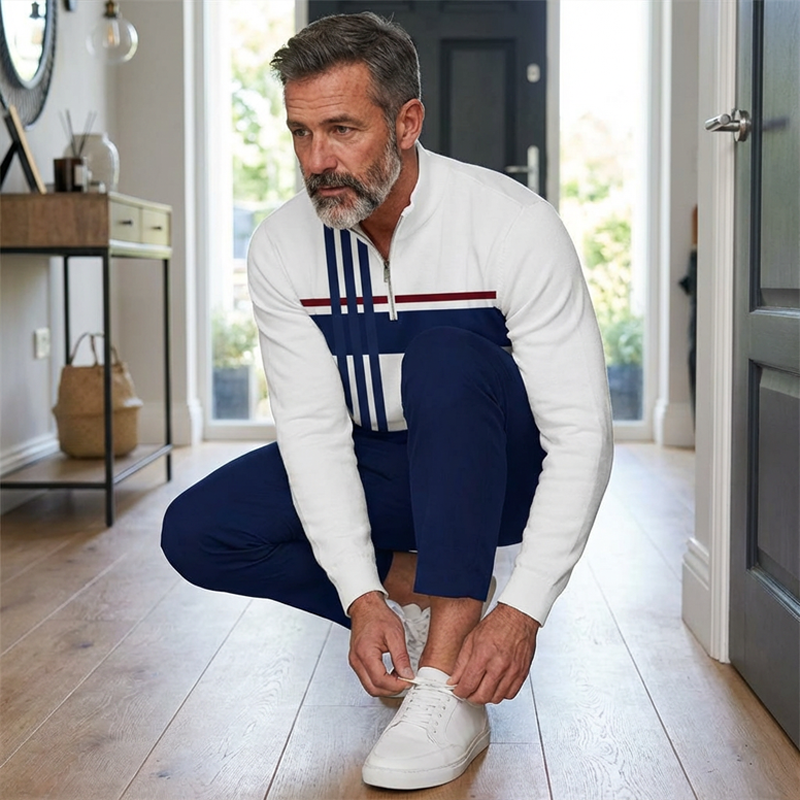 Men's graphic print pullover and pants set by Arenzza, featuring a stylish matching clothing ensemble with bold designs.