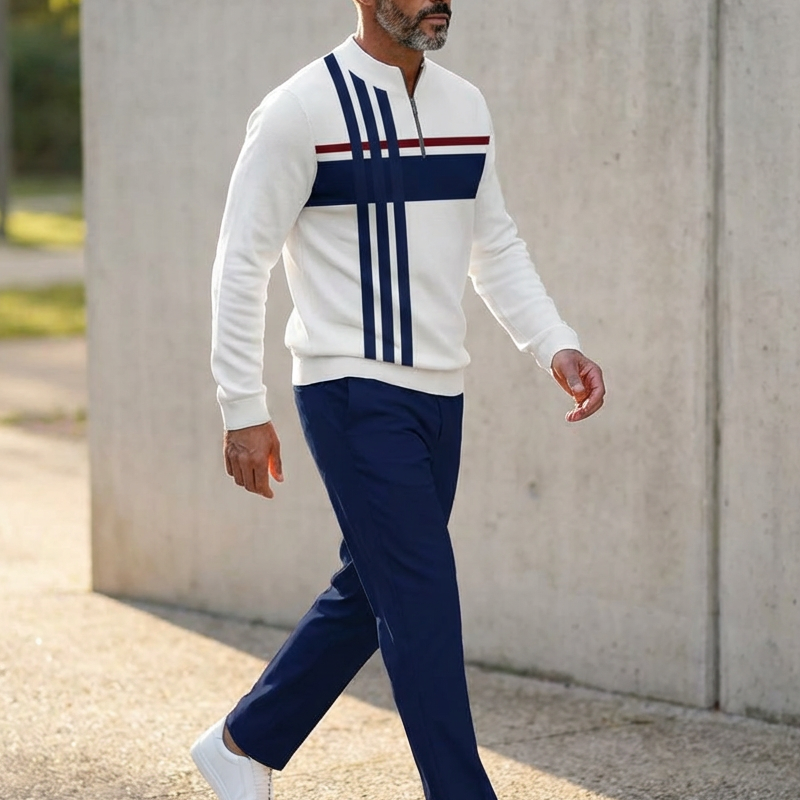 A men's Arenzza graphic print pullover and matching pants set featuring bold designs and casual fit, displayed on a hanger.