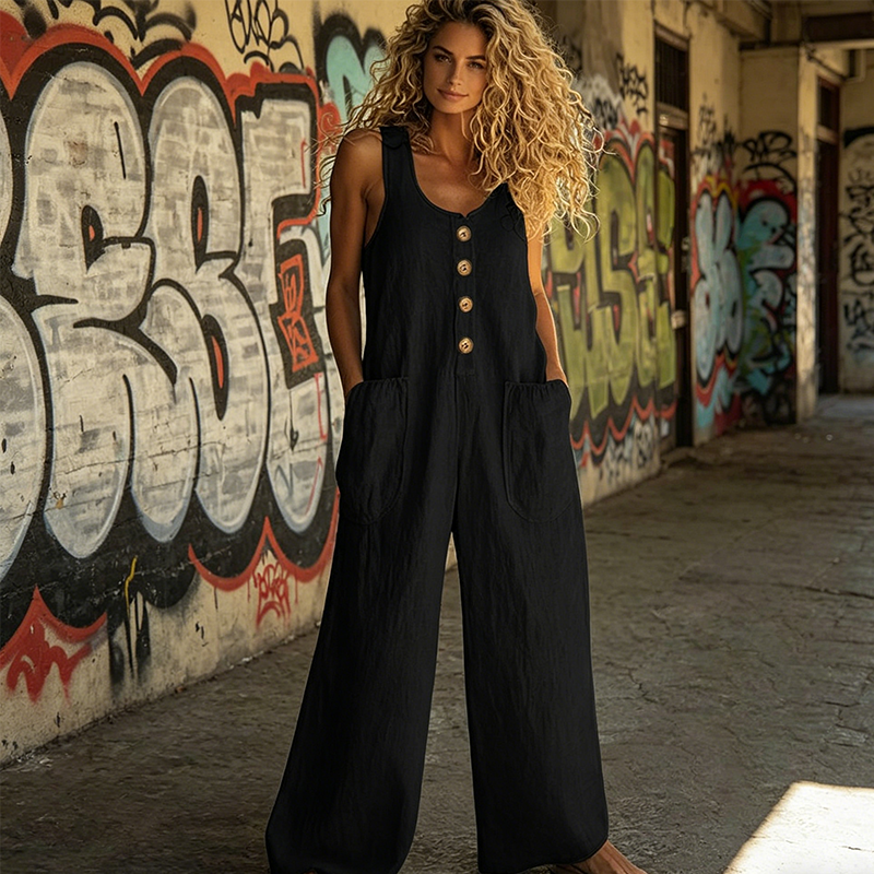 A tan women's sleeveless wide-leg jumpsuit with pockets from Arenzza, shown on a model, perfect for casual and summer wear.