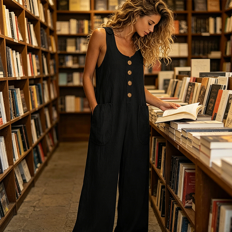 Aarenza women's sleeveless wide-leg jumpsuit with pockets, stylish summer clothing, in a natural pose showcasing the outfit.