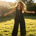 A woman wearing a beige sleeveless wide-leg jumpsuit with pockets from Arenzza, showcasing its relaxed fit and casual style.