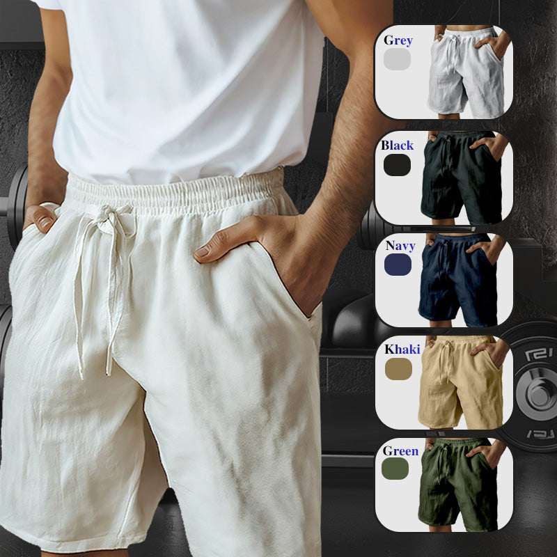 Men's cotton linen shorts with elastic drawstring waist, solid color, Arenzza brand, casual summer clothing for men.