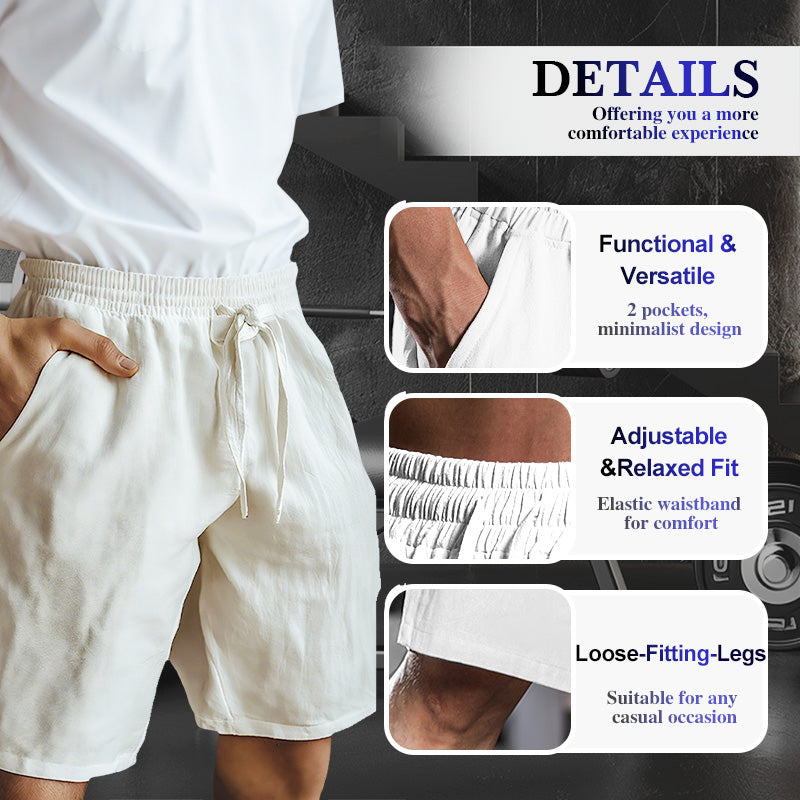 Men's cotton linen shorts with elastic drawstring waistband, solid color, Arenzza clothing, available in S to 3XL size.