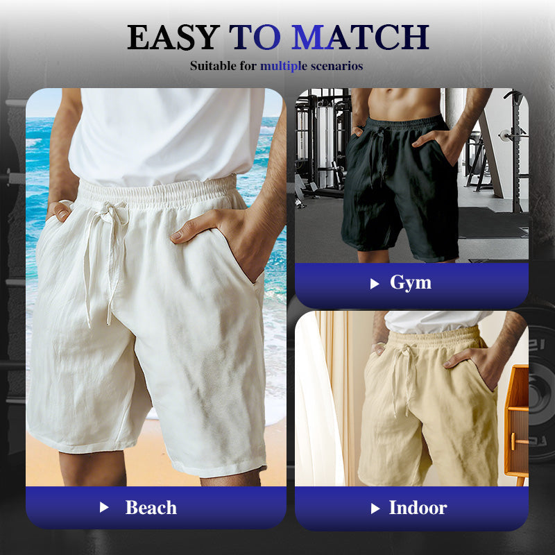 Men's cotton linen shorts with elastic drawstring in solid color, featuring a relaxed fit and casual style from Arenzza.