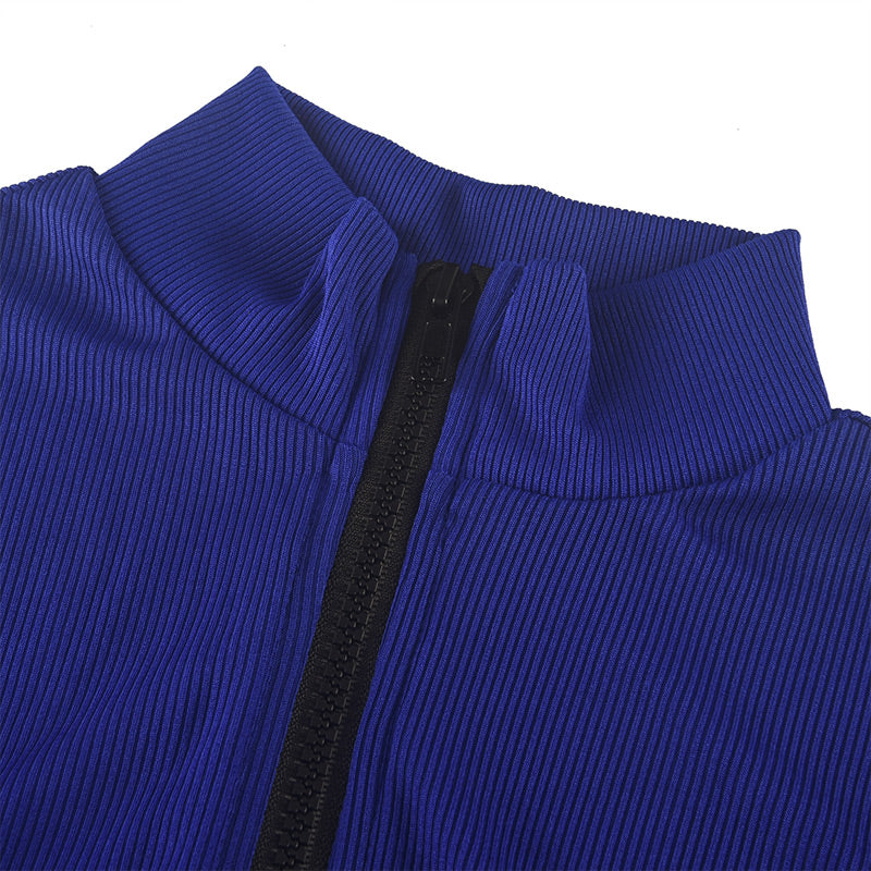 Awoman wearing an Arenzza solid color half zip seamless jumpsuit, full-length, fitted style, shown from the front.