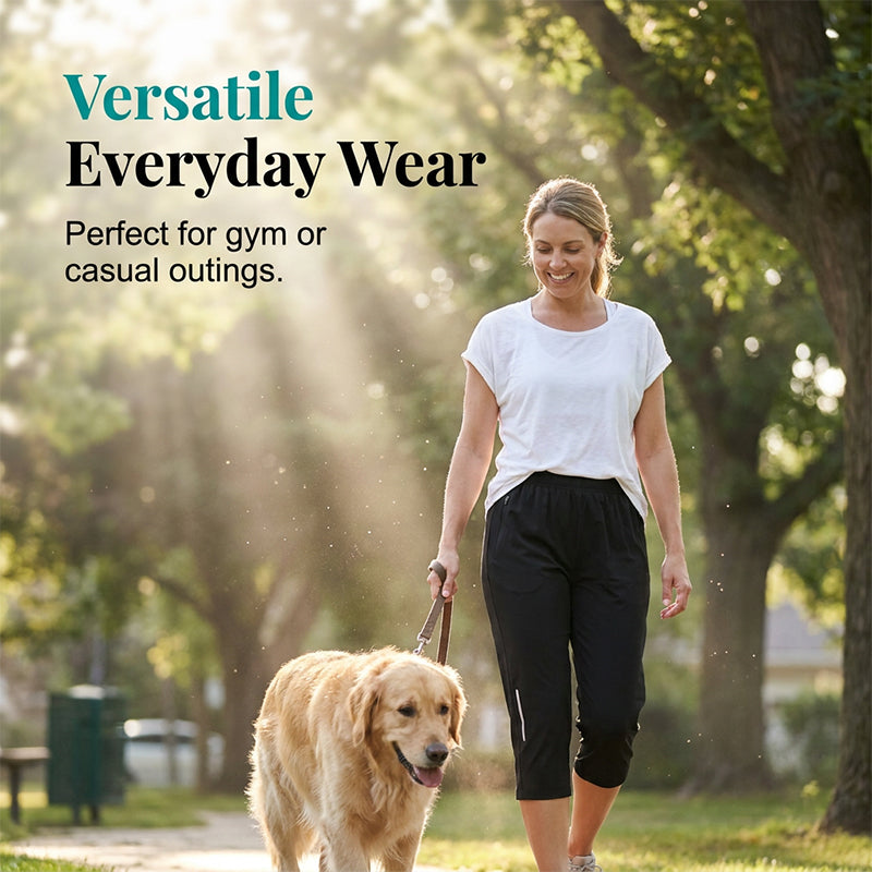 A pair of Arenzza women's quick-dry stretchy Capri pants showing lightweight, breathable fabric ideal for travel, yoga, or everyday wear.