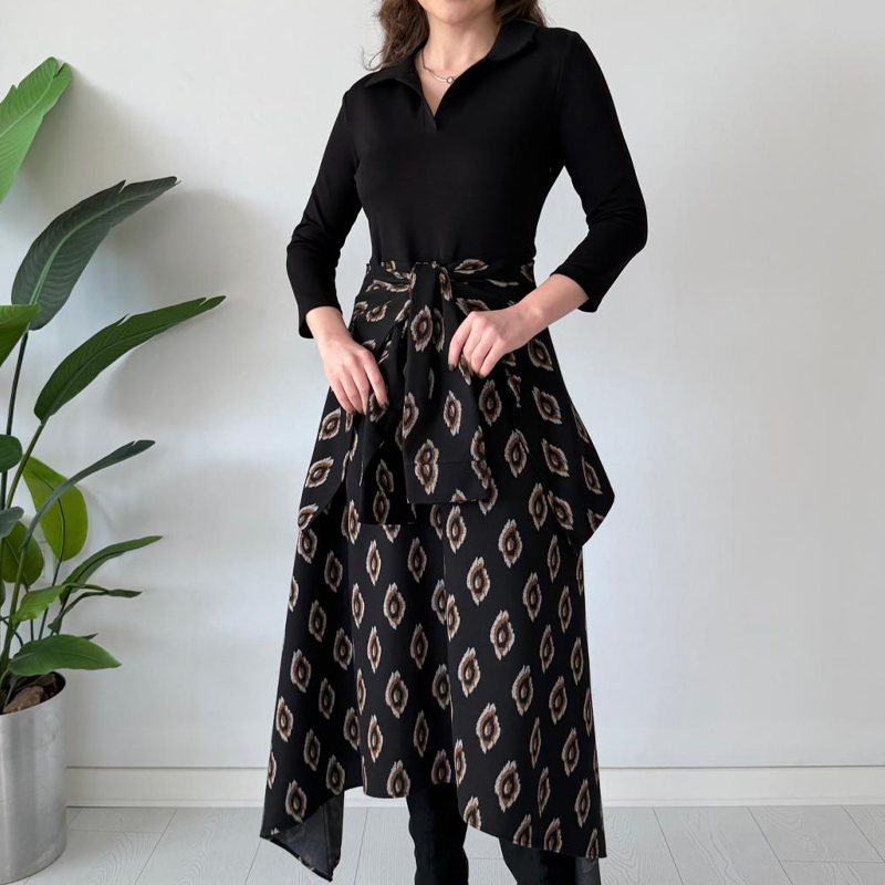 Aarenza tie-waist fit and flare midi dress in a stylish, flowing fabric, perfect for casual or semi-formal occasions.