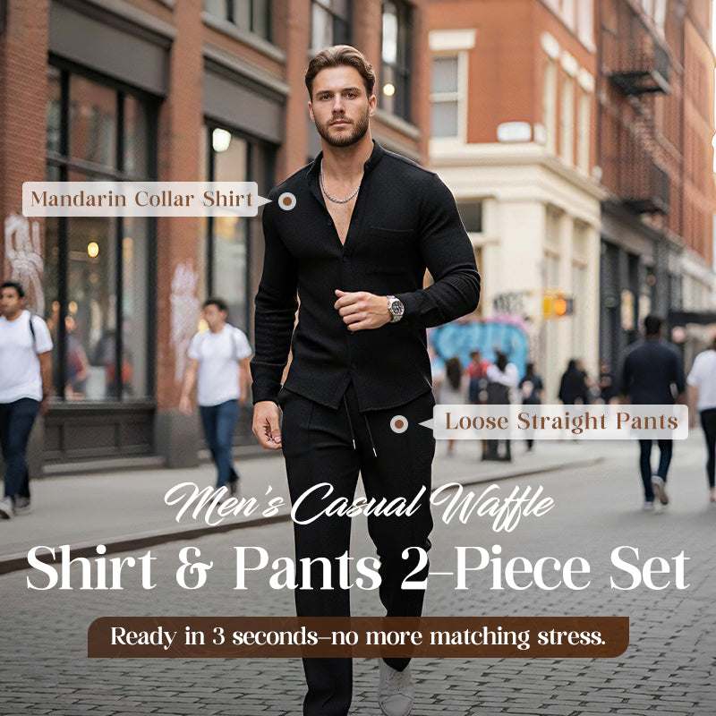 A men's casual waffle shirt and pants 2-piece set by Arenzza, featuring comfortable fabric and relaxed fit.