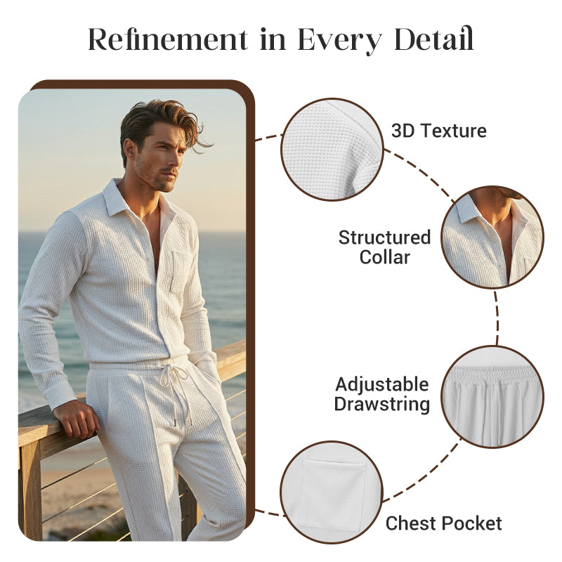 A men's casual waffle shirt and pants 2-piece set by Arenzza, featuring comfortable fabric and relaxed fit for everyday wear.