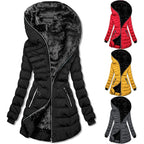 Aarenza women's hooded mid-length winter coat with plush lining, featuring a cozy hood and stylish design for cold weather.