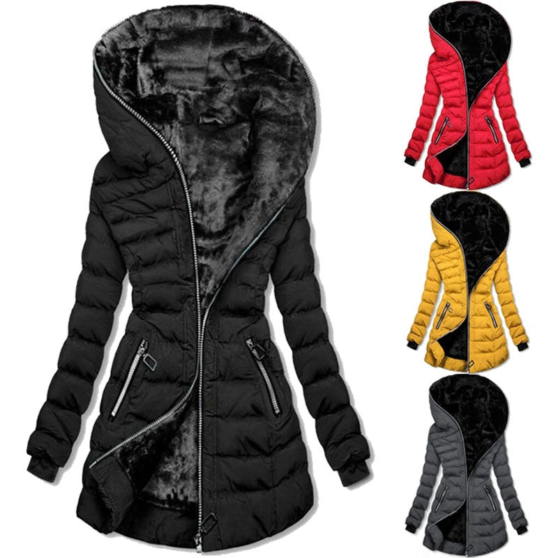 Aarenza women's hooded mid-length winter coat with plush lining, featuring a cozy hood and stylish design for cold weather.