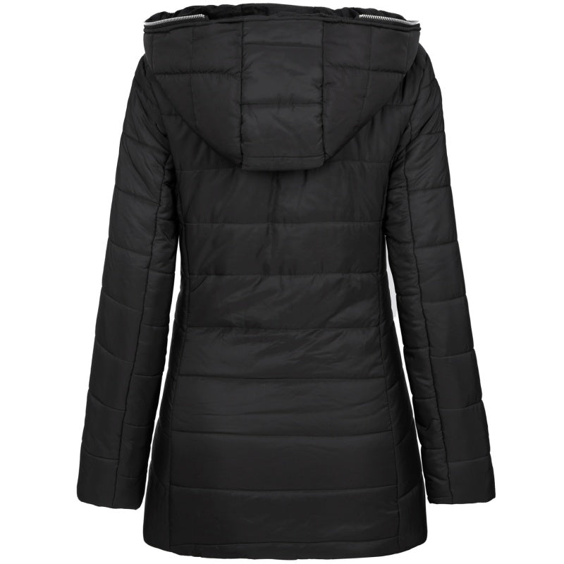 Women's Arenzza hooded winter coat with plush lining, mid-length design, featuring a warm hood and cozy interior for cold weather.