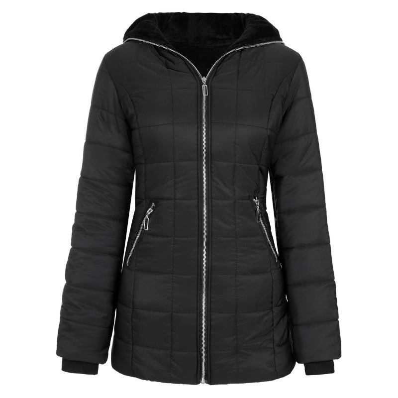 Women's Arenzza hooded winter coat with plush lining, mid-length design and cozy, warm outerwear for cold weather.