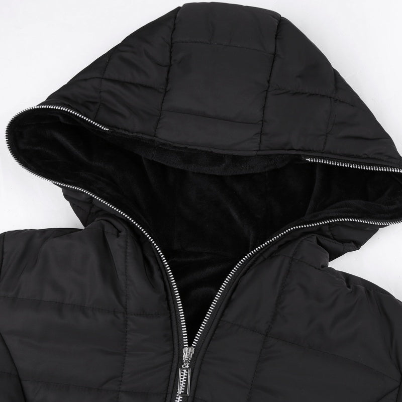 Women's hooded winter coat by Arenzza with plush lining, mid-length design, and cozy, warm fabric for cold weather.