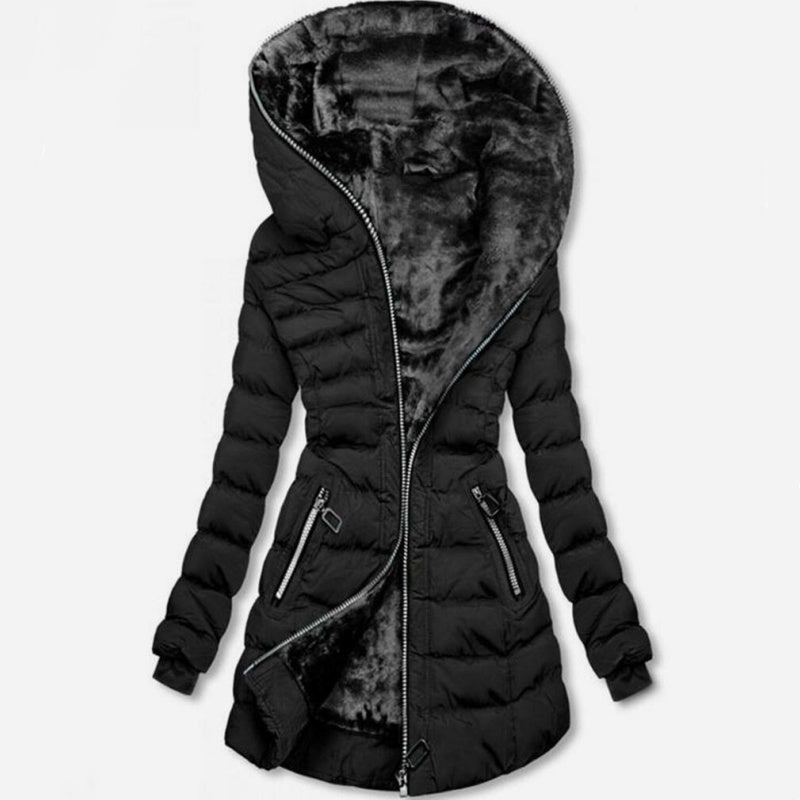 Women's Arenzza hooded winter coat with plush lining, mid-length design and cozy winter outerwear for cold weather.