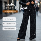 A pair of women's sequin sparkle wide-leg pants with elastic waistband in black from Arenzza, perfect for stylish occasions.