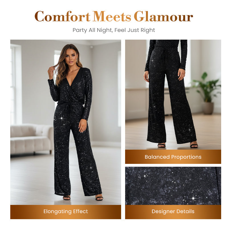 Women's sequin sparkle wide-leg pants by Arenzza with elastic waistband, featuring shiny sequin details and flowing wide-leg style.