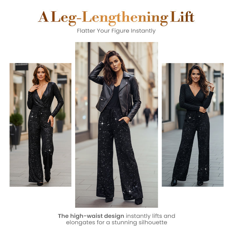 A woman wearing Arenzza women's sequin sparkle wide leg pants with elastic waistband, perfect for stylish evening or party wear.