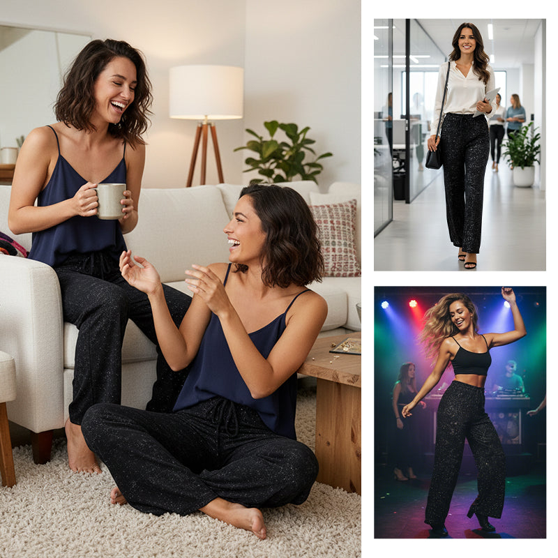 Women's sequin sparkle wide-leg pants with elastic waistband by Arenzza, featuring shiny sequins and a relaxed fit.