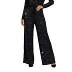 Women's sequin sparkle wide-leg pants by Arenzza with elastic waistband, featuring shiny sequin details and flowy silhouette.