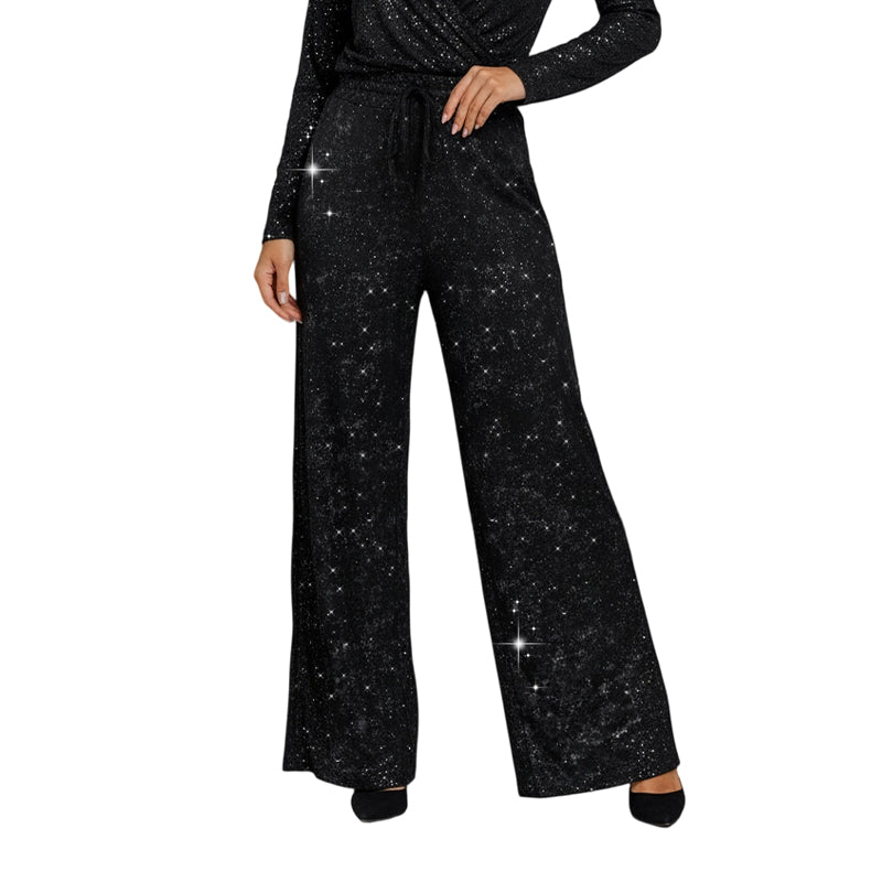 Women's sequin sparkle wide-leg pants by Arenzza with elastic waistband, featuring shiny sequin details and flowy silhouette.