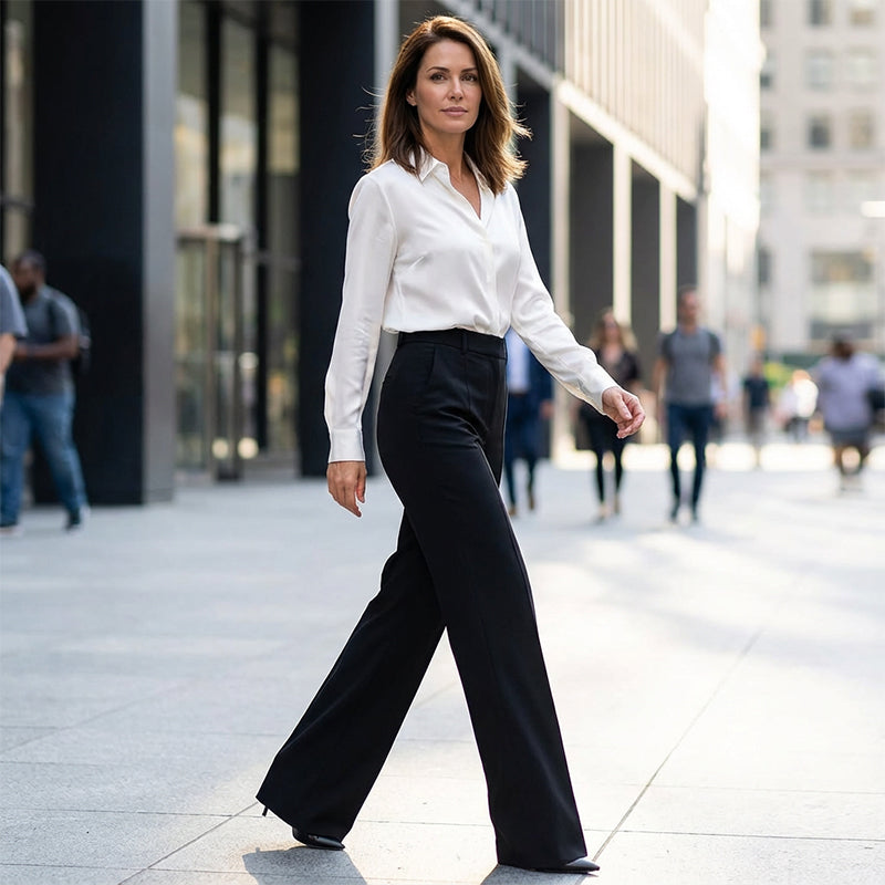 A pair of women's high-waist dress pants by Arenzza, shown in a stylish fit, made from smooth fabric for professional or casual wear.