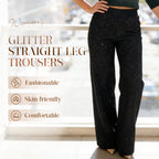 A pair of Arenzza high-waist glitter straight-leg trousers featuring a shiny, sparkly fabric and a tailored fit.