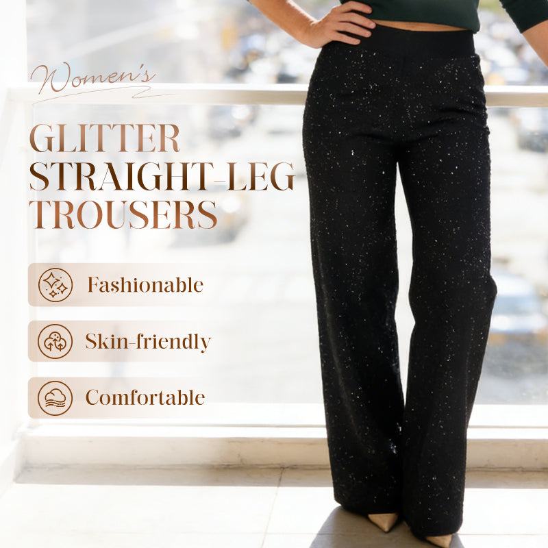 A pair of Arenzza high-waist glitter straight-leg trousers featuring a shiny, sparkly fabric and a tailored fit.