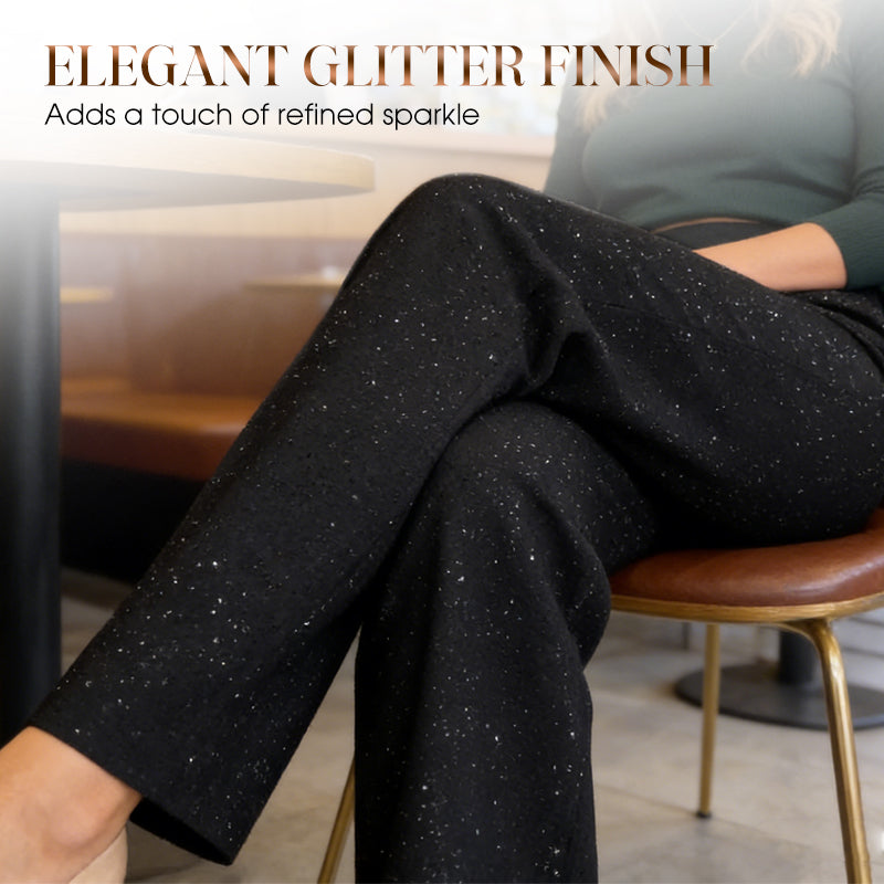 A pair of high-waist glitter straight-leg trousers from Arenzza, featuring a shiny, sparkly fabric and a tailored fit.