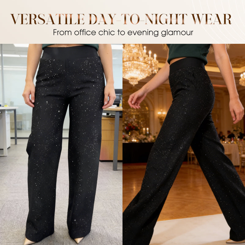 A pair of high-waist glitter straight-leg trousers by Arenzza, featuring a shiny, sparkly fabric and tailored fit.