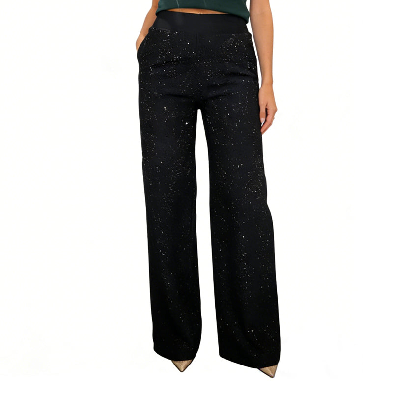A pair of high-waist glitter straight-leg trousers from Arenzza, featuring shiny fabric and tailored fit, displayed on a hanger.