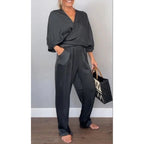 Women's Arenzza 2-piece wrap V-neck top and pants set, stylish clothing with a comfortable fit, displayed on a neutral background.