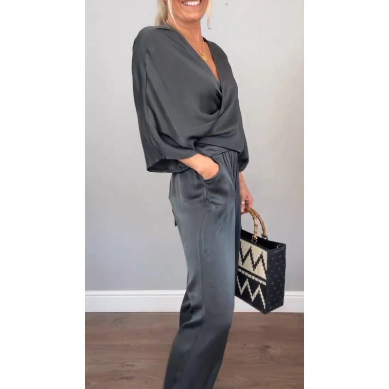 Aarenza women's 2-piece wrap V-neck top and pants set in soft fabric, featuring a stylish V-neck top and matching wide-leg pants.