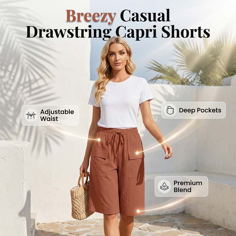 Women’s casual drawstring Capri shorts by Arenzza, featuring a relaxed fit and lightweight fabric, shown in a neutral color.