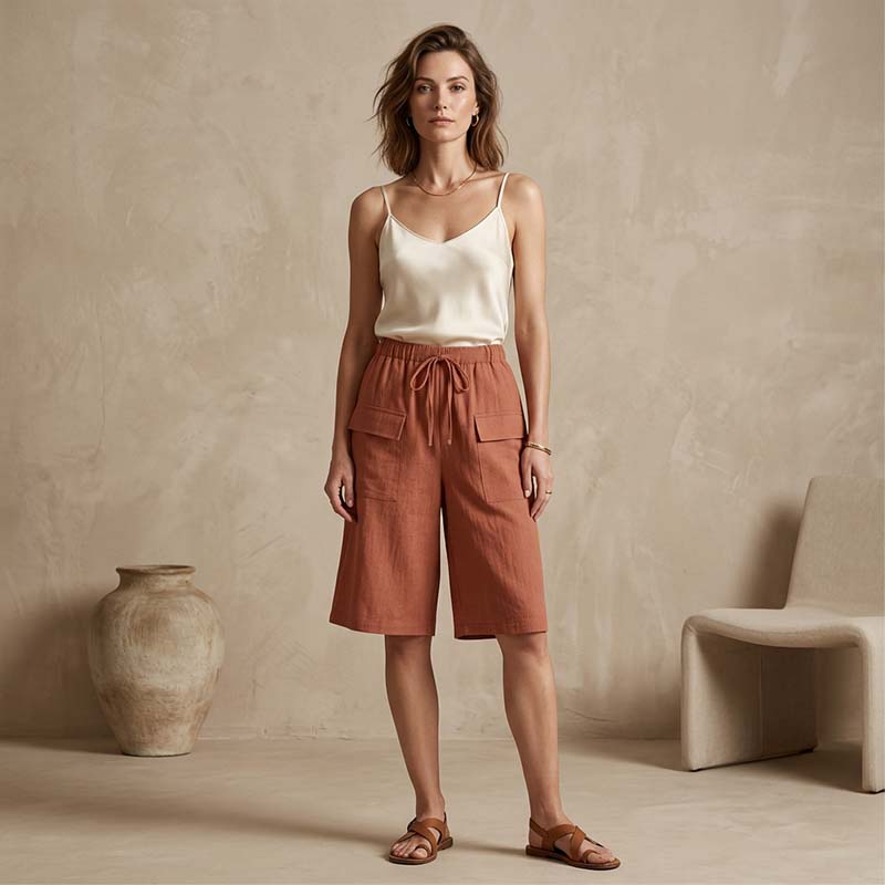 A pair of women's casual drawstring Capri shorts by Arenzza, featuring a comfortable fit and lightweight fabric in a neutral color.