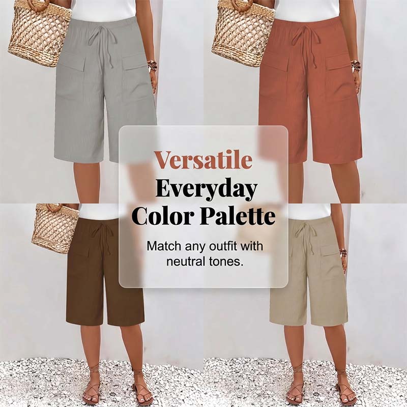 Women's Arenzza casual drawstring capri shorts laid flat, featuring a relaxed fit and lightweight fabric for comfortable summer wear.